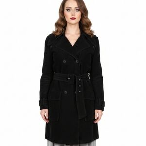 Anthropologie Cordelia Corduroy Trench Coat Size Small 6 Black Ribbed Long Heavy